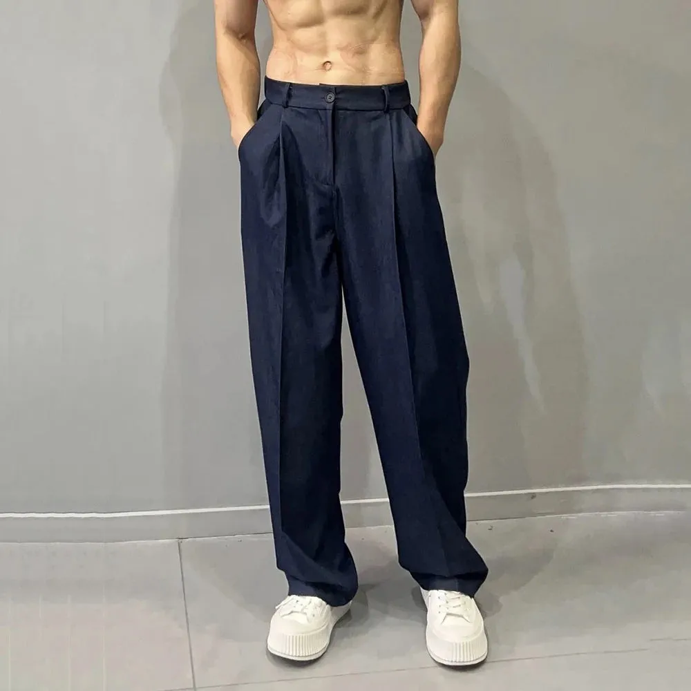 Aidase Mens Trendy Drapey Thin Loose Slimming Wide-Leg Pants Gender-Neutral Casual Solid Color Ice Silk Suit Straight Pants Unisex