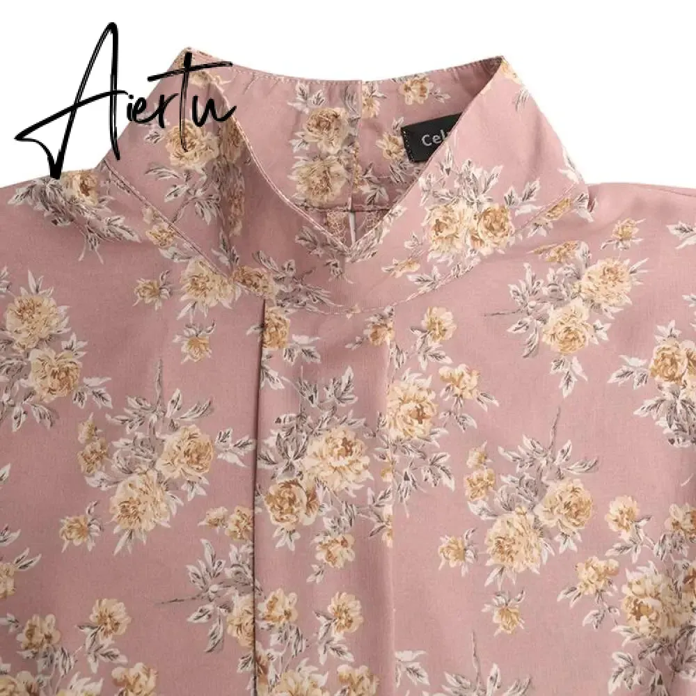 Aiertu Fashion Shirts Autumn Women Big Lantern Sleeve Bohemian Floral Print Blouse Casual Loose Stand Collar Elegant Tops