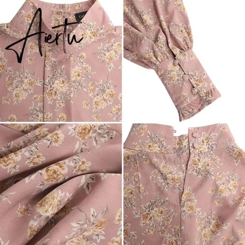 Aiertu Fashion Shirts Autumn Women Big Lantern Sleeve Bohemian Floral Print Blouse Casual Loose Stand Collar Elegant Tops