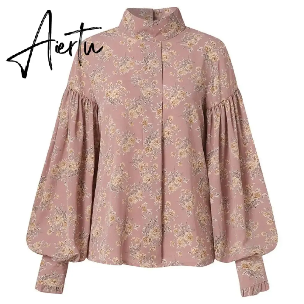 Aiertu Fashion Shirts Autumn Women Big Lantern Sleeve Bohemian Floral Print Blouse Casual Loose Stand Collar Elegant Tops