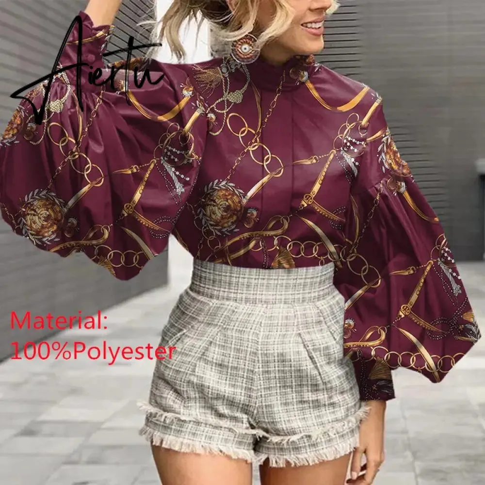 Aiertu Fashion Shirts Autumn Women Big Lantern Sleeve Bohemian Floral Print Blouse Casual Loose Stand Collar Elegant Tops