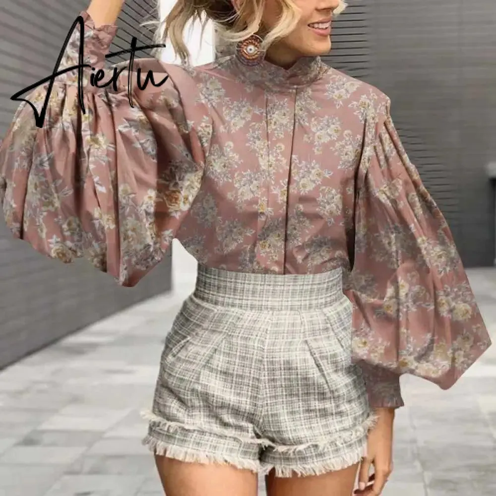 Aiertu Fashion Shirts Autumn Women Big Lantern Sleeve Bohemian Floral Print Blouse Casual Loose Stand Collar Elegant Tops