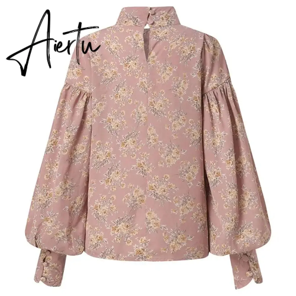 Aiertu Fashion Shirts Autumn Women Big Lantern Sleeve Bohemian Floral Print Blouse Casual Loose Stand Collar Elegant Tops