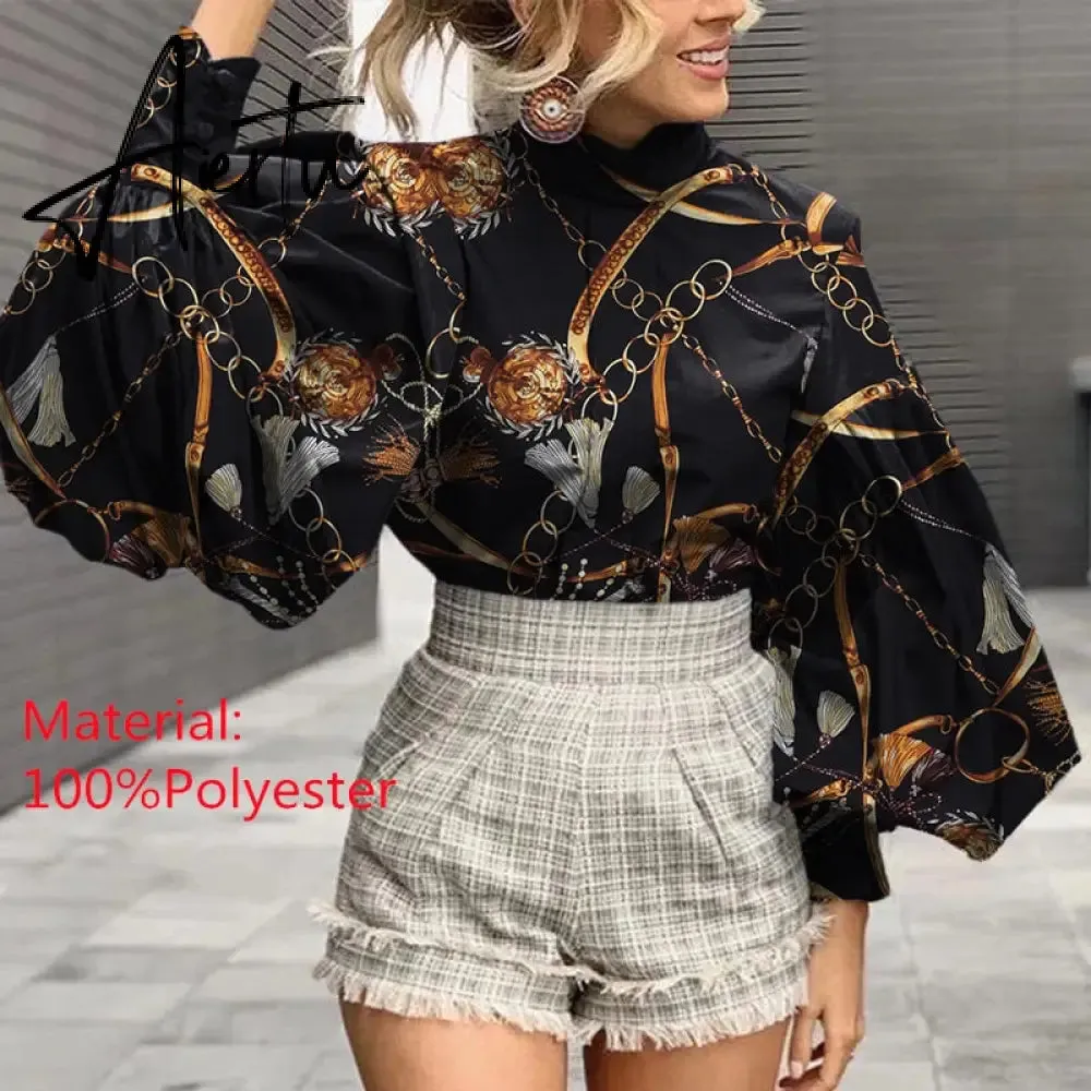 Aiertu Fashion Shirts Autumn Women Big Lantern Sleeve Bohemian Floral Print Blouse Casual Loose Stand Collar Elegant Tops