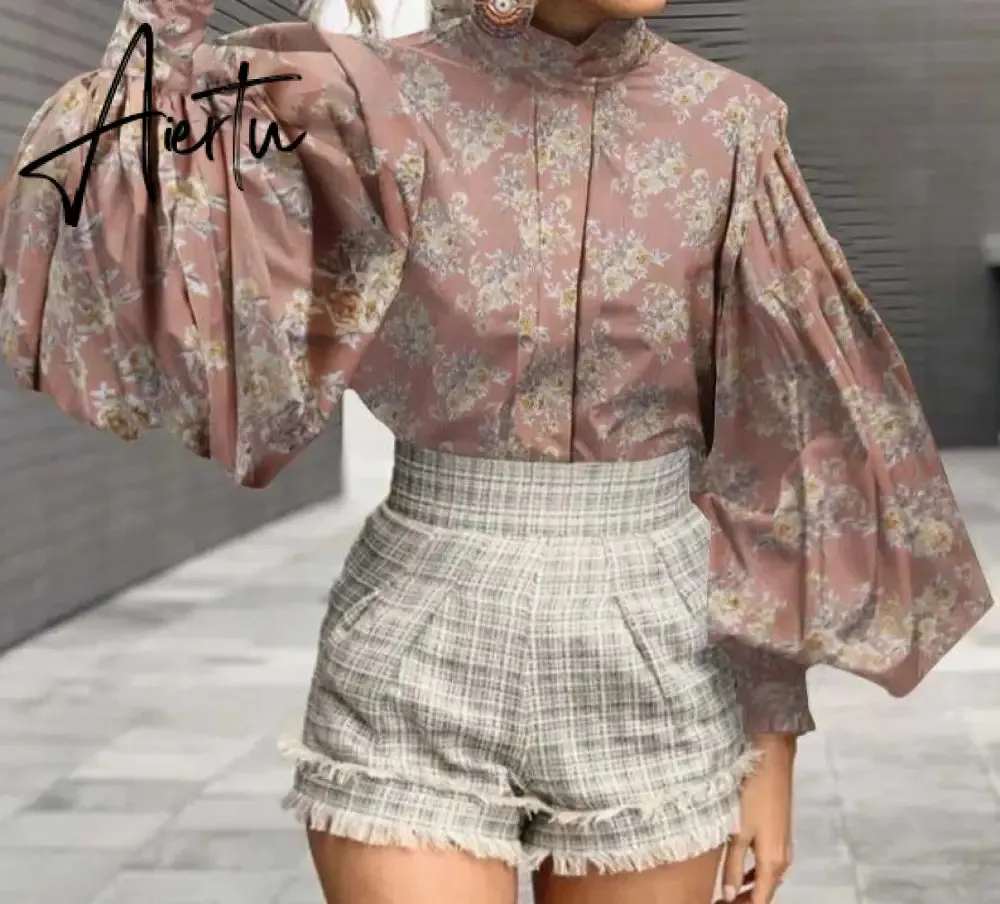 Aiertu Fashion Shirts Autumn Women Big Lantern Sleeve Bohemian Floral Print Blouse Casual Loose Stand Collar Elegant Tops