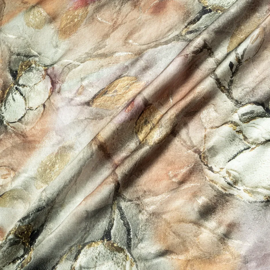 Beige & Gold Floral Printed Metallic Silk Jacquard