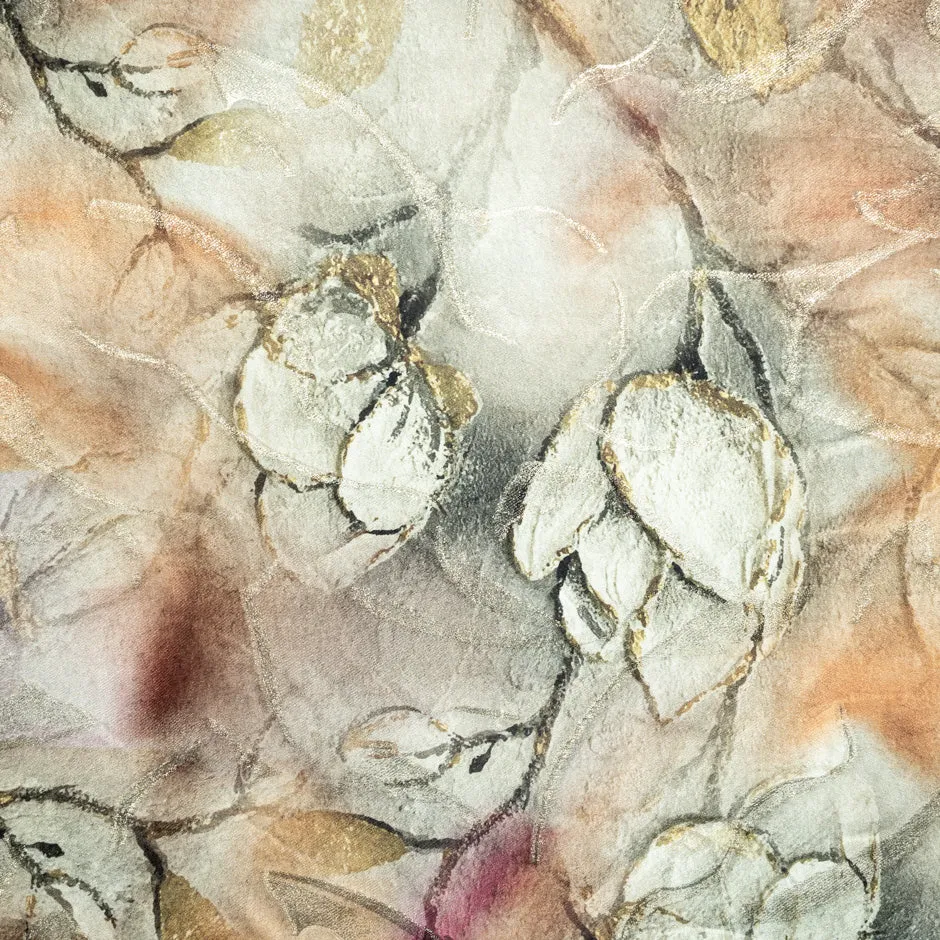 Beige & Gold Floral Printed Metallic Silk Jacquard