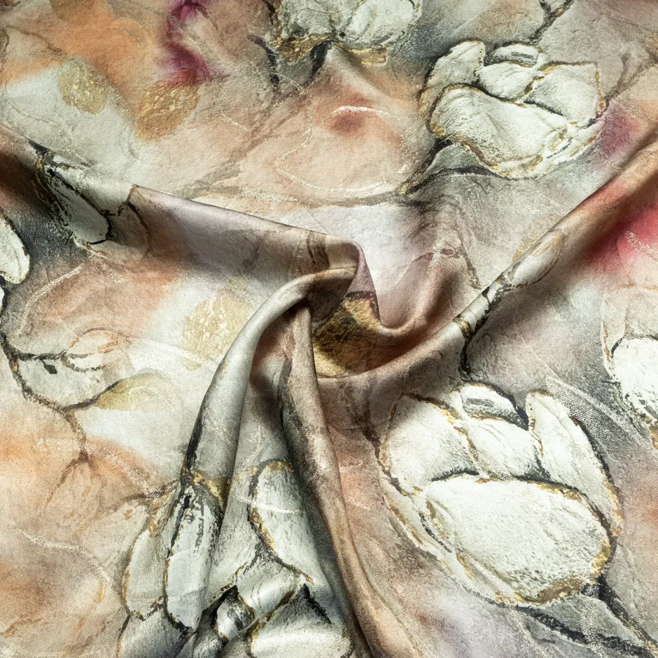 Beige & Gold Floral Printed Metallic Silk Jacquard