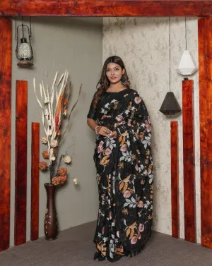 Black Floral Georgette Sequins Saree