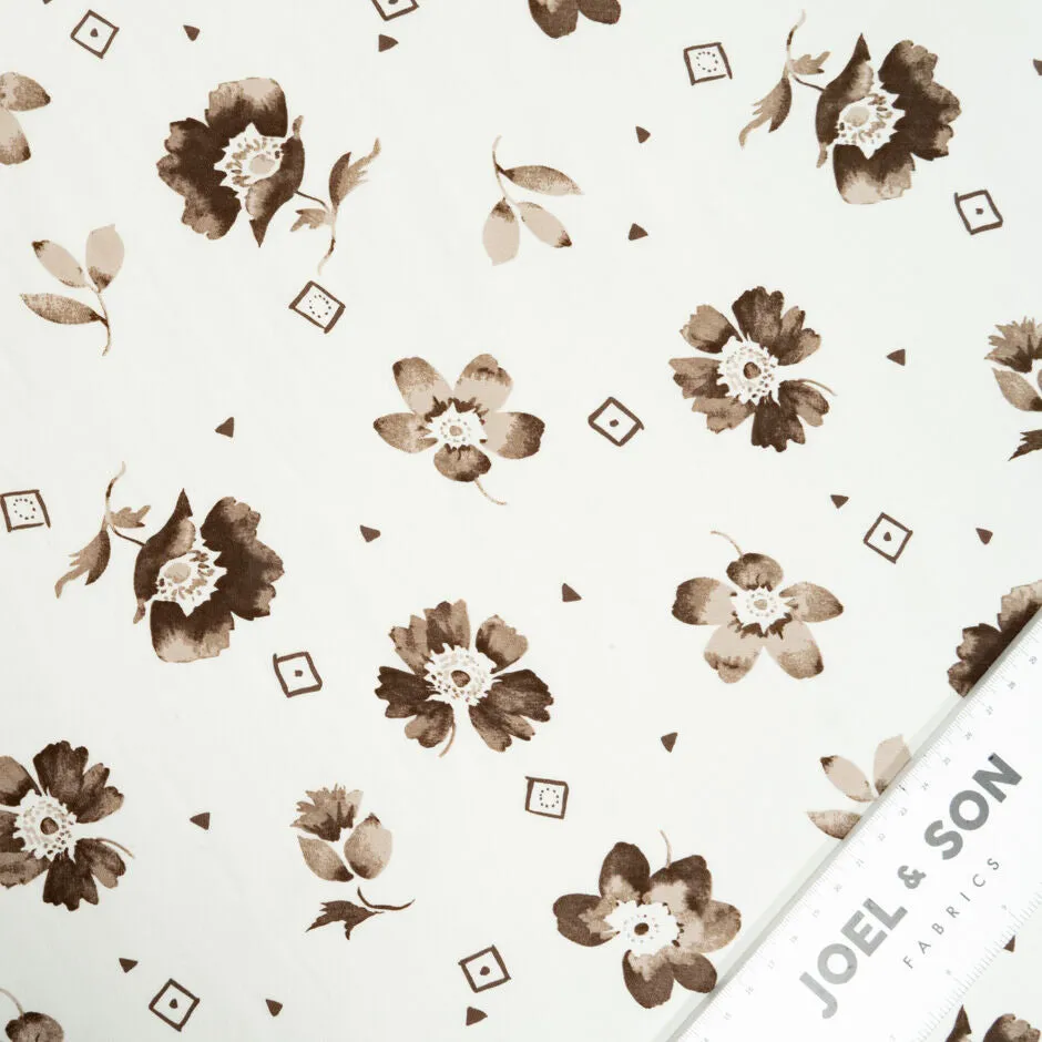 Brown Floral Printed Ivory Silk Crêpe de Chine (A 1.90m Piece)