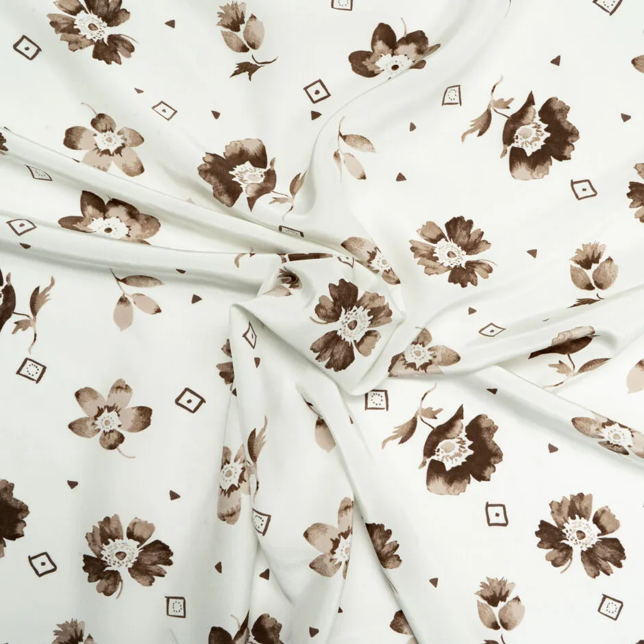 Brown Floral Printed Ivory Silk Crêpe de Chine (A 1.90m Piece)