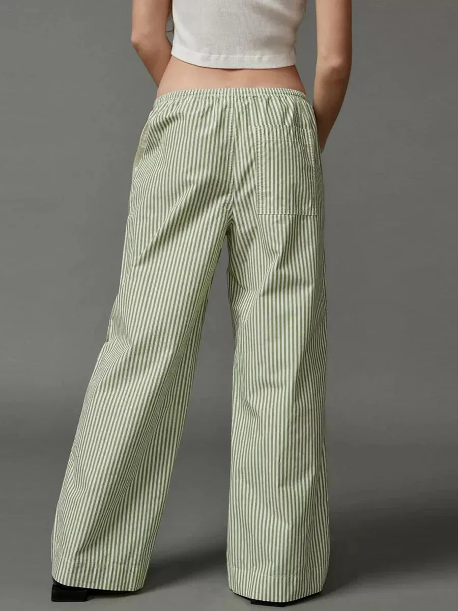 Casual Long Stripe Low-Rise Wide Pocketed Versatile Daily Newly Pants