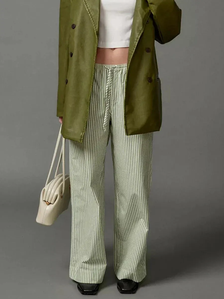 Casual Long Stripe Low-Rise Wide Pocketed Versatile Daily Newly Pants