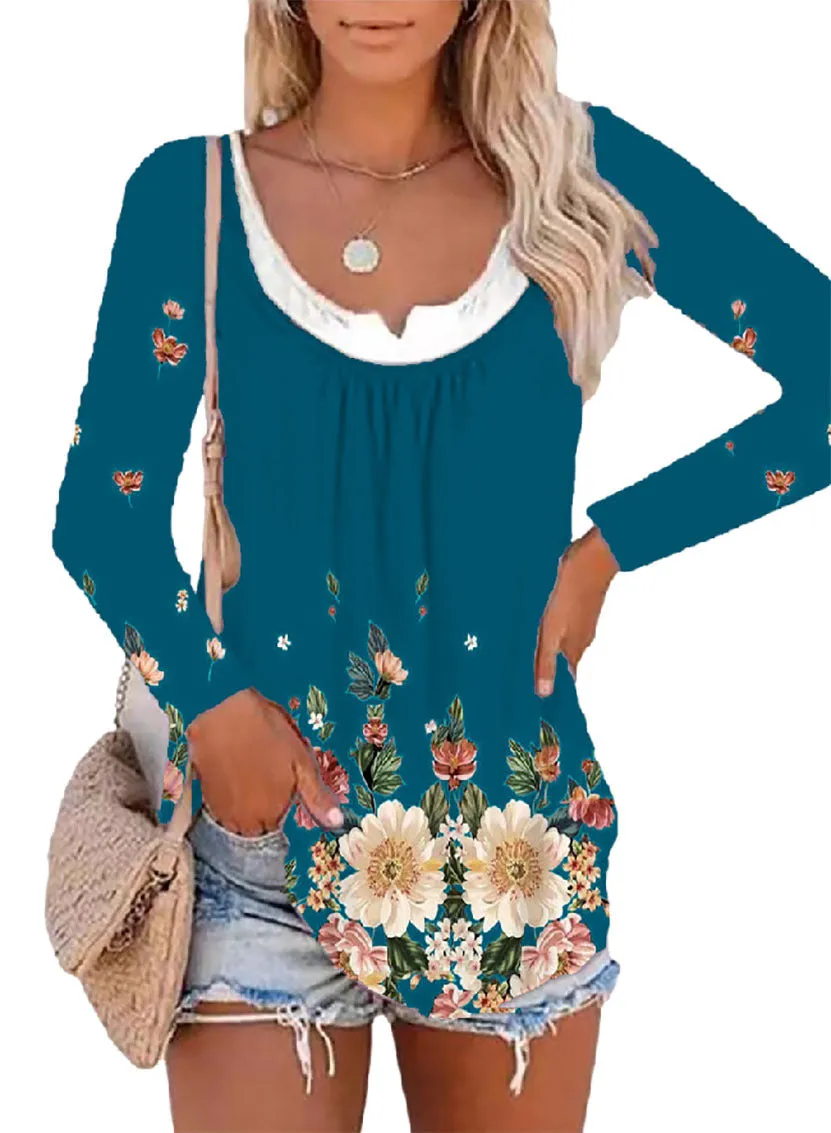 Casual printed long-sleeved bottoming shirt round neck T-shirt top