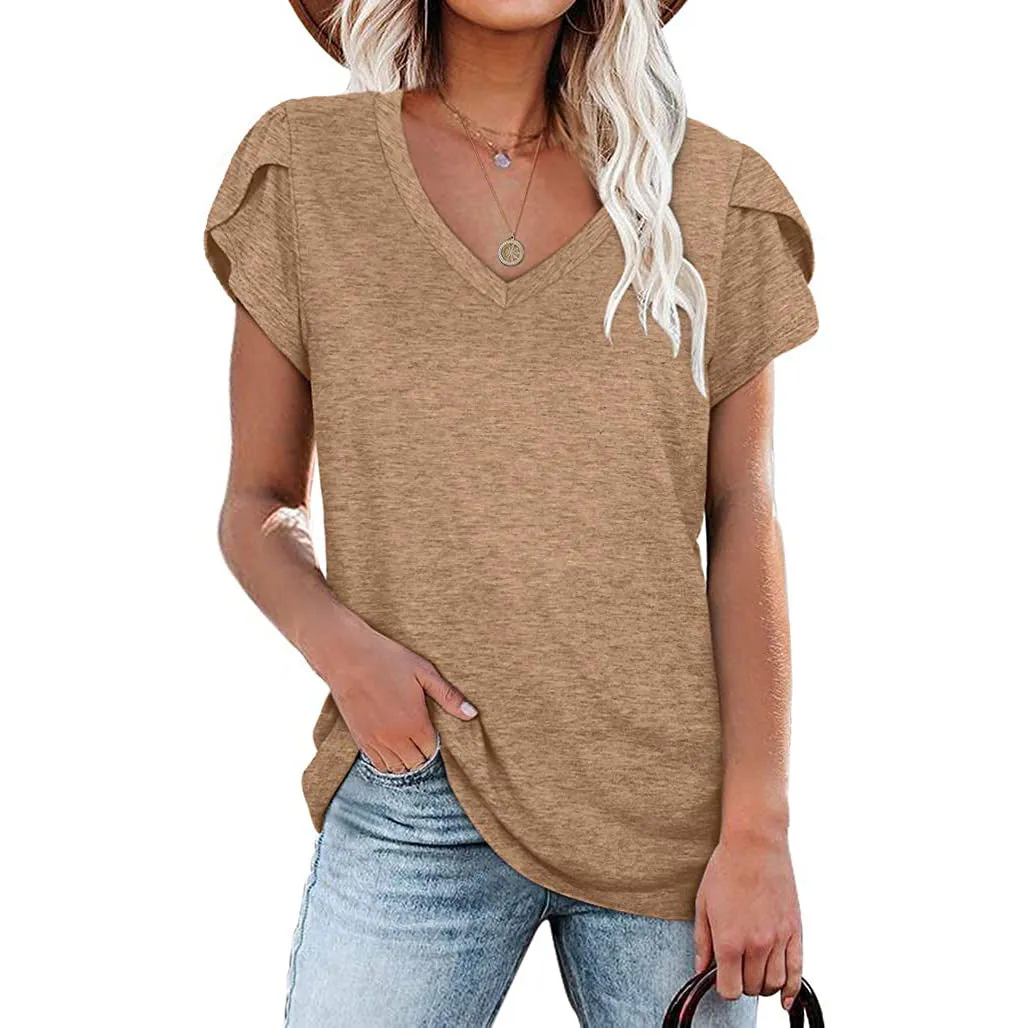 Casual solid color V-neck short-sleeved T-shirt