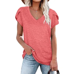 Casual solid color V-neck short-sleeved T-shirt