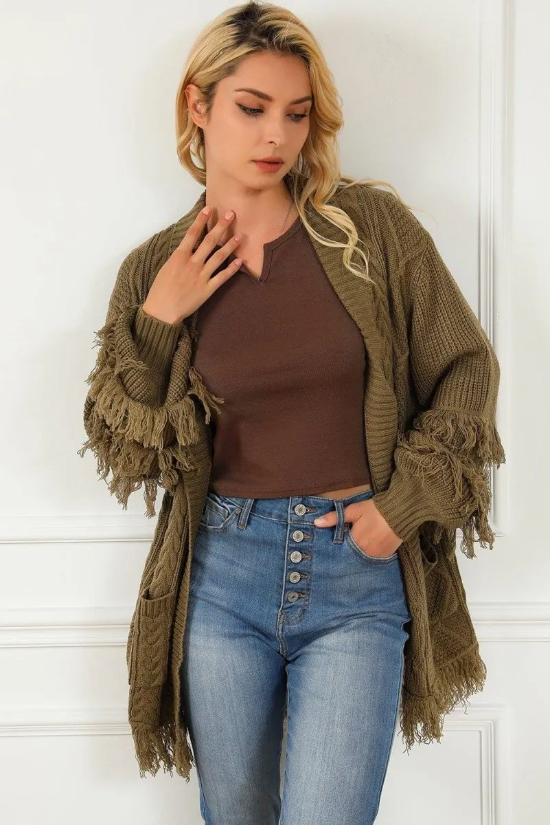 Coffee Fringe Cable Knit Cardigan