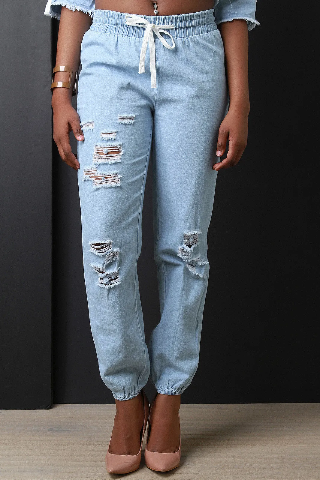 Distressed Chambray Jogger Pants