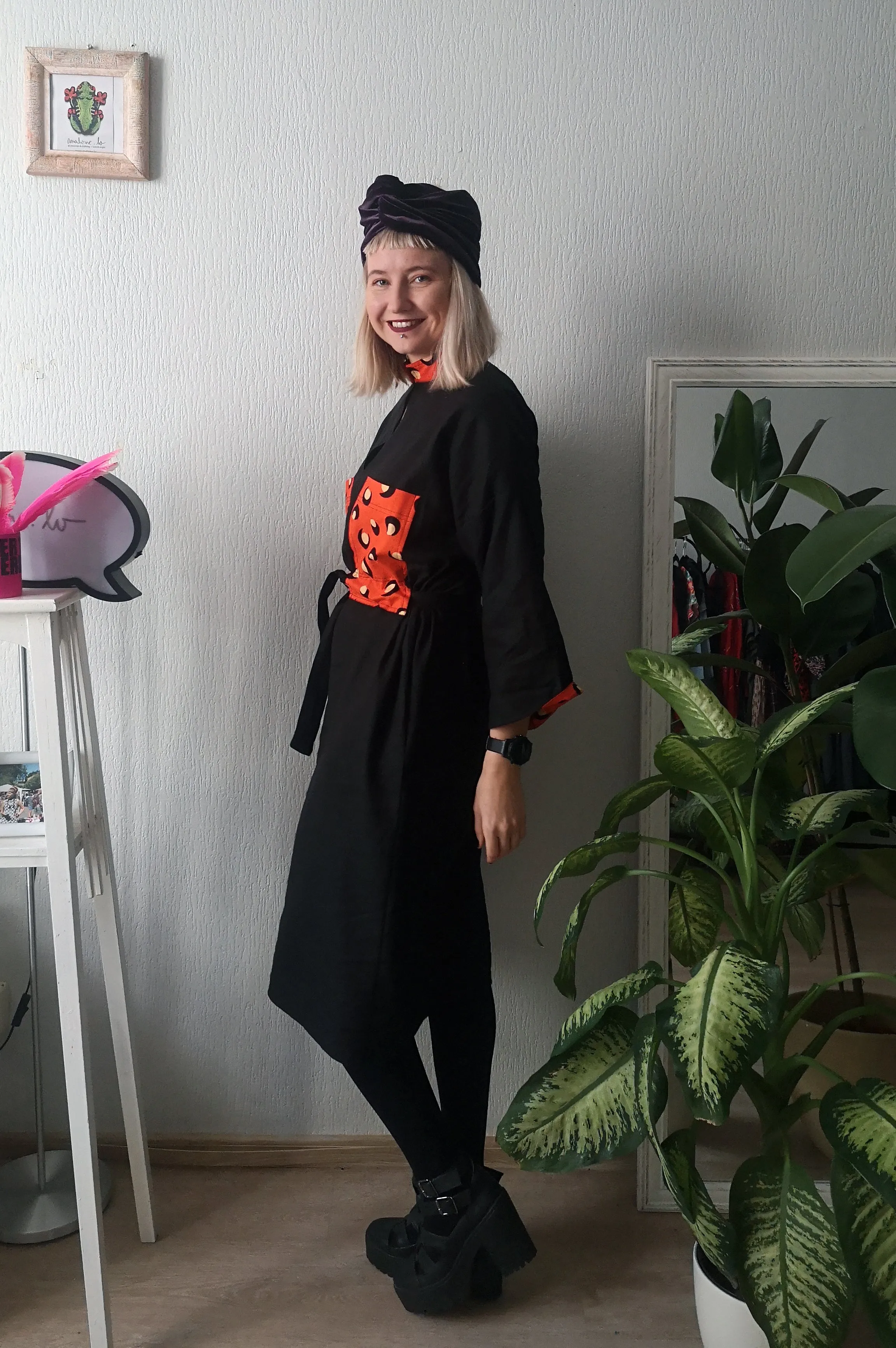 Elegant, Super Cool, Comfortable, Easy to Wear and Versetile Mama Africa Oversized Shirt Dress in Black Linen and Cool Details made from Bright Orange-Red Cotton Fabric directy from Africa