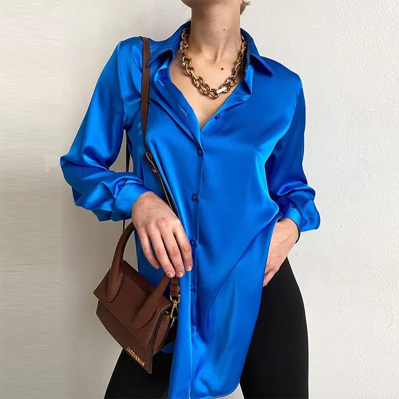 Fashionkova  Elegant Satin Blouses Women 2022 Spring Summer Solid Long Sleeve Vintage Chic Blue Green Casual Loose Button Silk Shirts Tops