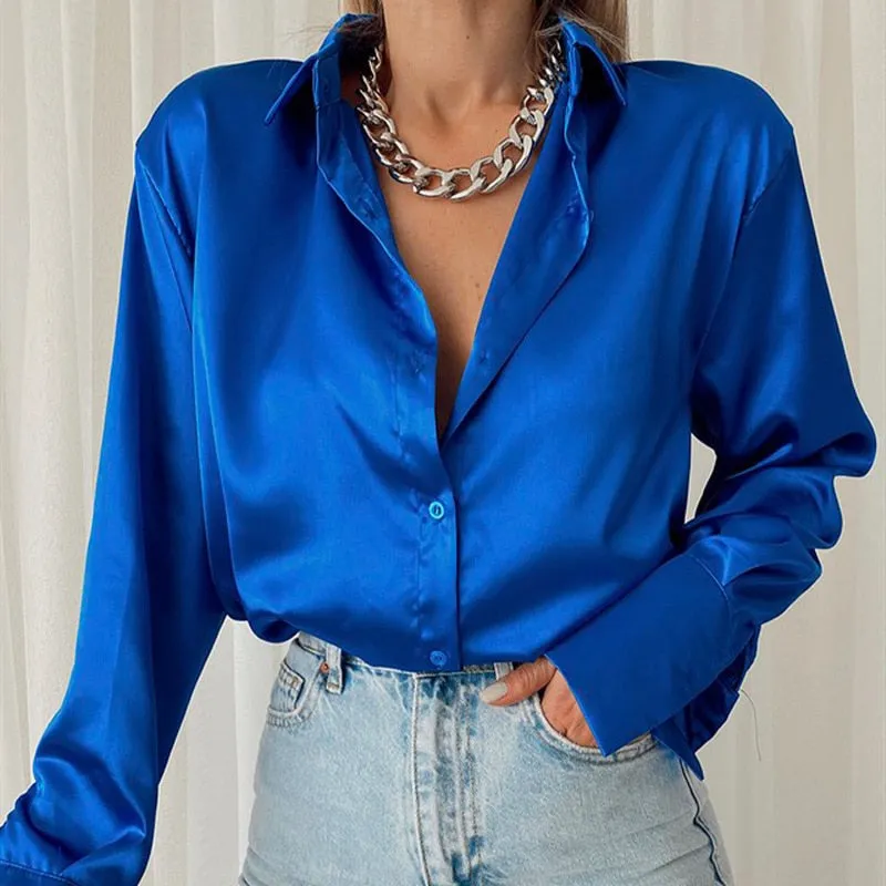 Fashionkova  Elegant Satin Blouses Women 2022 Spring Summer Solid Long Sleeve Vintage Chic Blue Green Casual Loose Button Silk Shirts Tops