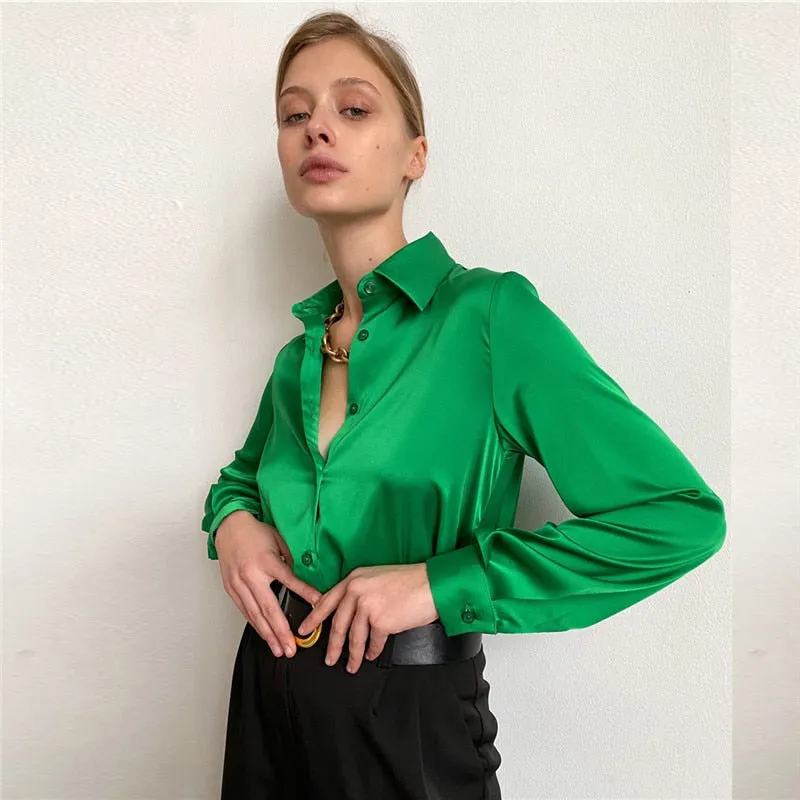 Fashionkova  Elegant Satin Blouses Women 2022 Spring Summer Solid Long Sleeve Vintage Chic Blue Green Casual Loose Button Silk Shirts Tops