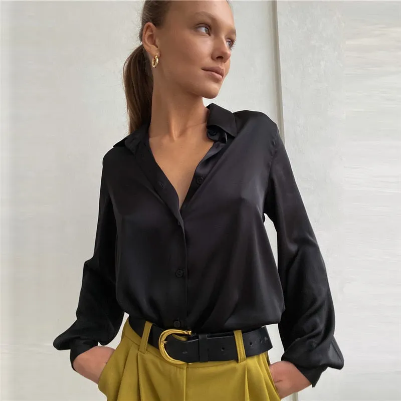 Fashionkova  Elegant Satin Blouses Women 2022 Spring Summer Solid Long Sleeve Vintage Chic Blue Green Casual Loose Button Silk Shirts Tops