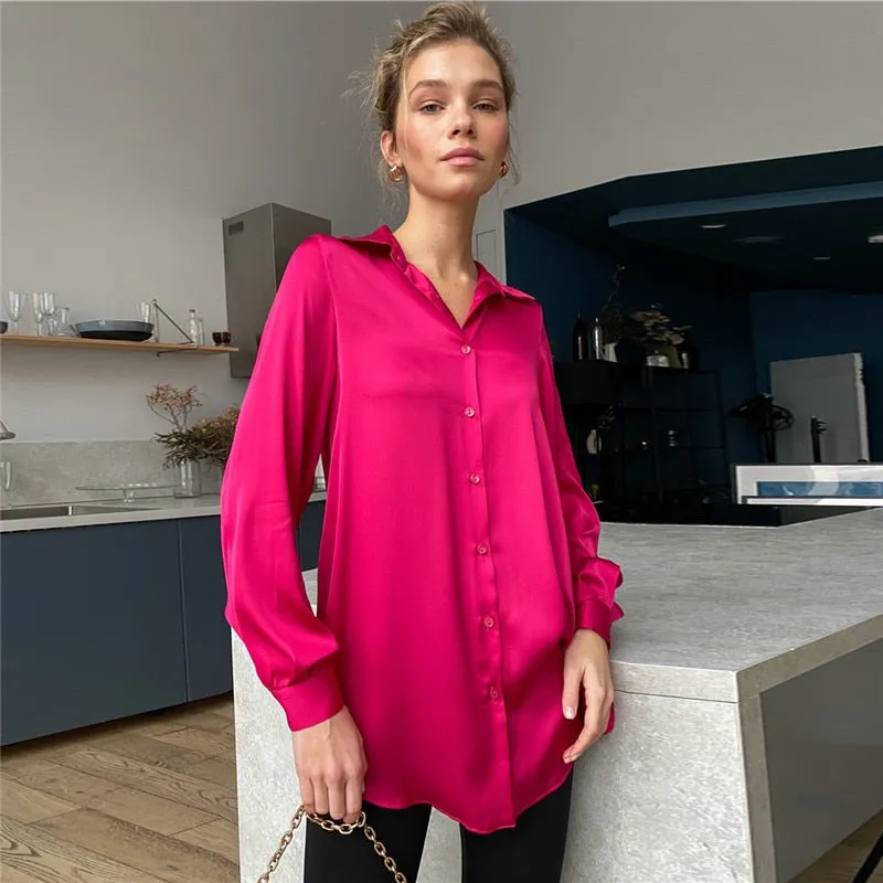 Fashionkova  Elegant Satin Blouses Women 2022 Spring Summer Solid Long Sleeve Vintage Chic Blue Green Casual Loose Button Silk Shirts Tops