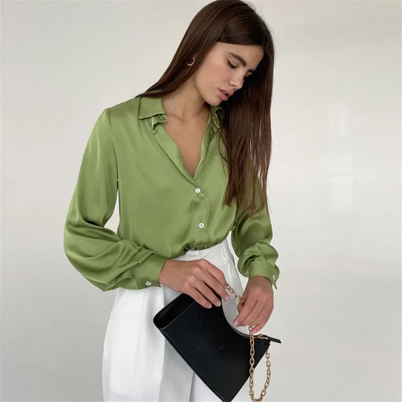 Fashionkova  Elegant Satin Blouses Women 2022 Spring Summer Solid Long Sleeve Vintage Chic Blue Green Casual Loose Button Silk Shirts Tops