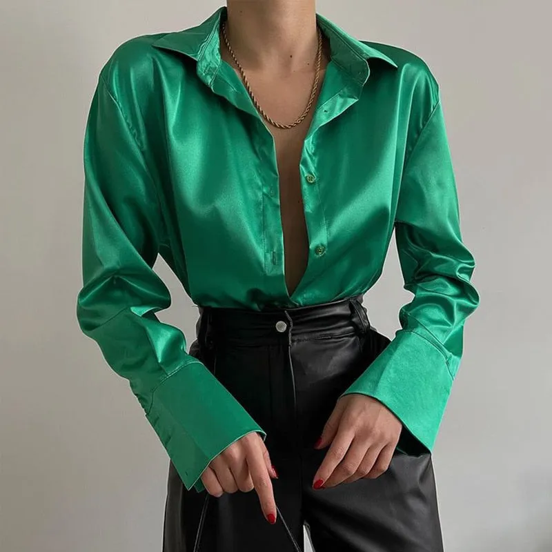 Fashionkova  Elegant Satin Blouses Women 2022 Spring Summer Solid Long Sleeve Vintage Chic Blue Green Casual Loose Button Silk Shirts Tops