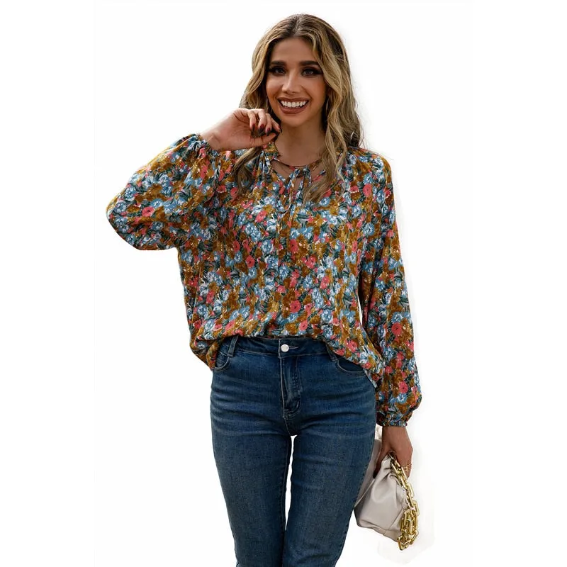 Fashionkova  Women V Neck Lace Up Floral Print Blouses Blue Long Sleeves Casual Tops 2022 Spring Summer Flower Lady Bohemian Blouses