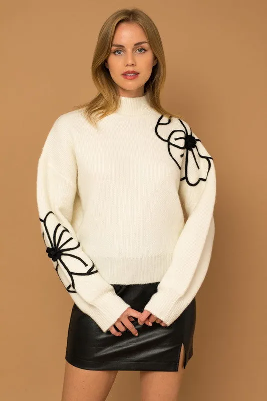 Flower Embroidery Mock Neck Sweater