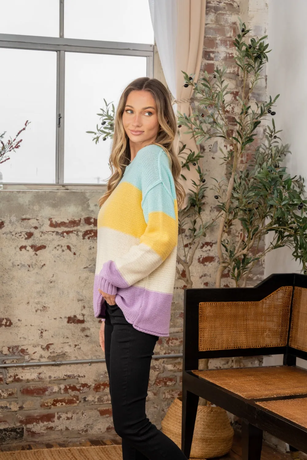 Full Size Color Block Exposed Seam Sweater