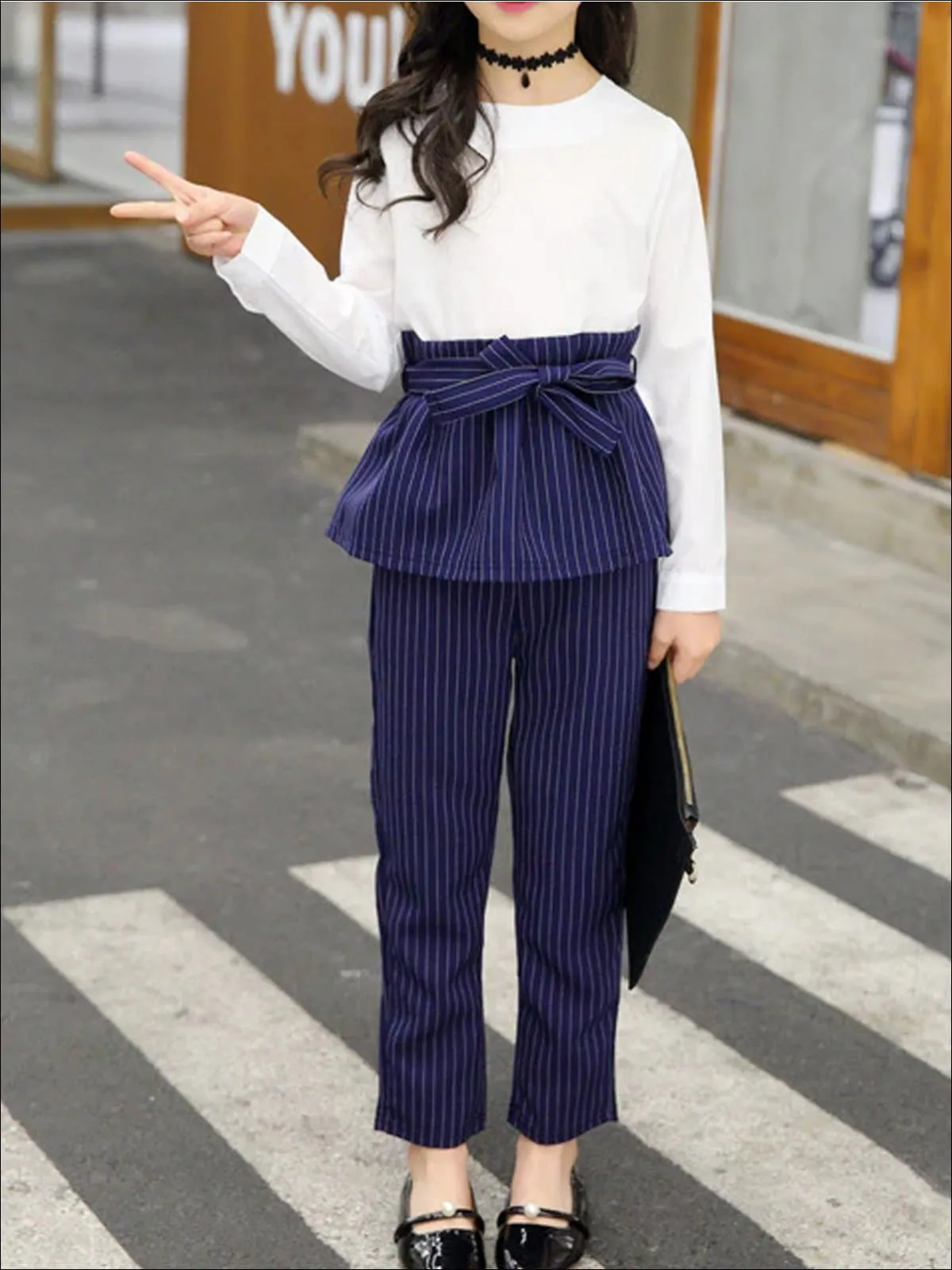 Girls Preppy Long Sleeve Skirted Blouse With Belt And Pinstripe Trousers