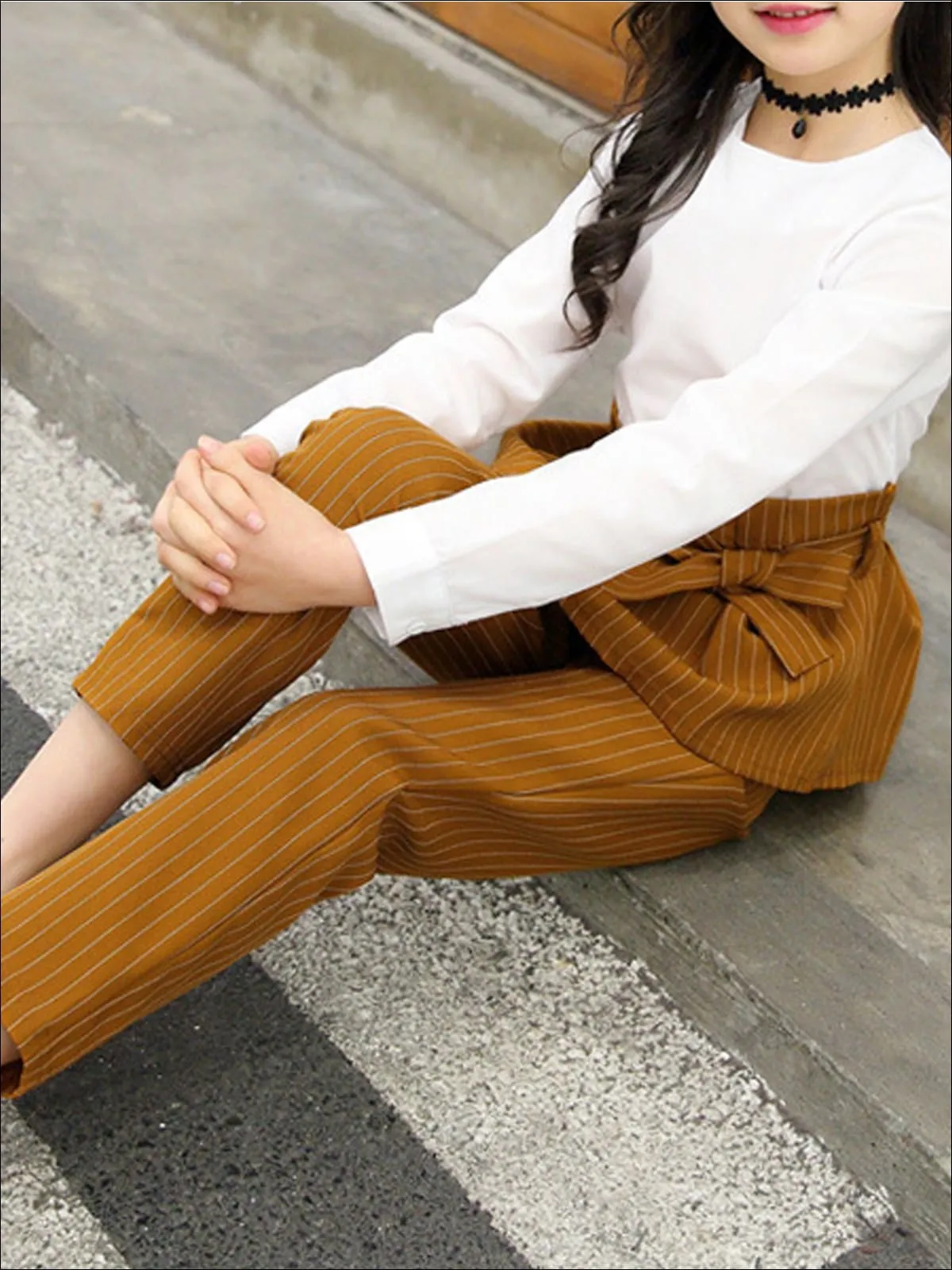 Girls Preppy Long Sleeve Skirted Blouse With Belt And Pinstripe Trousers