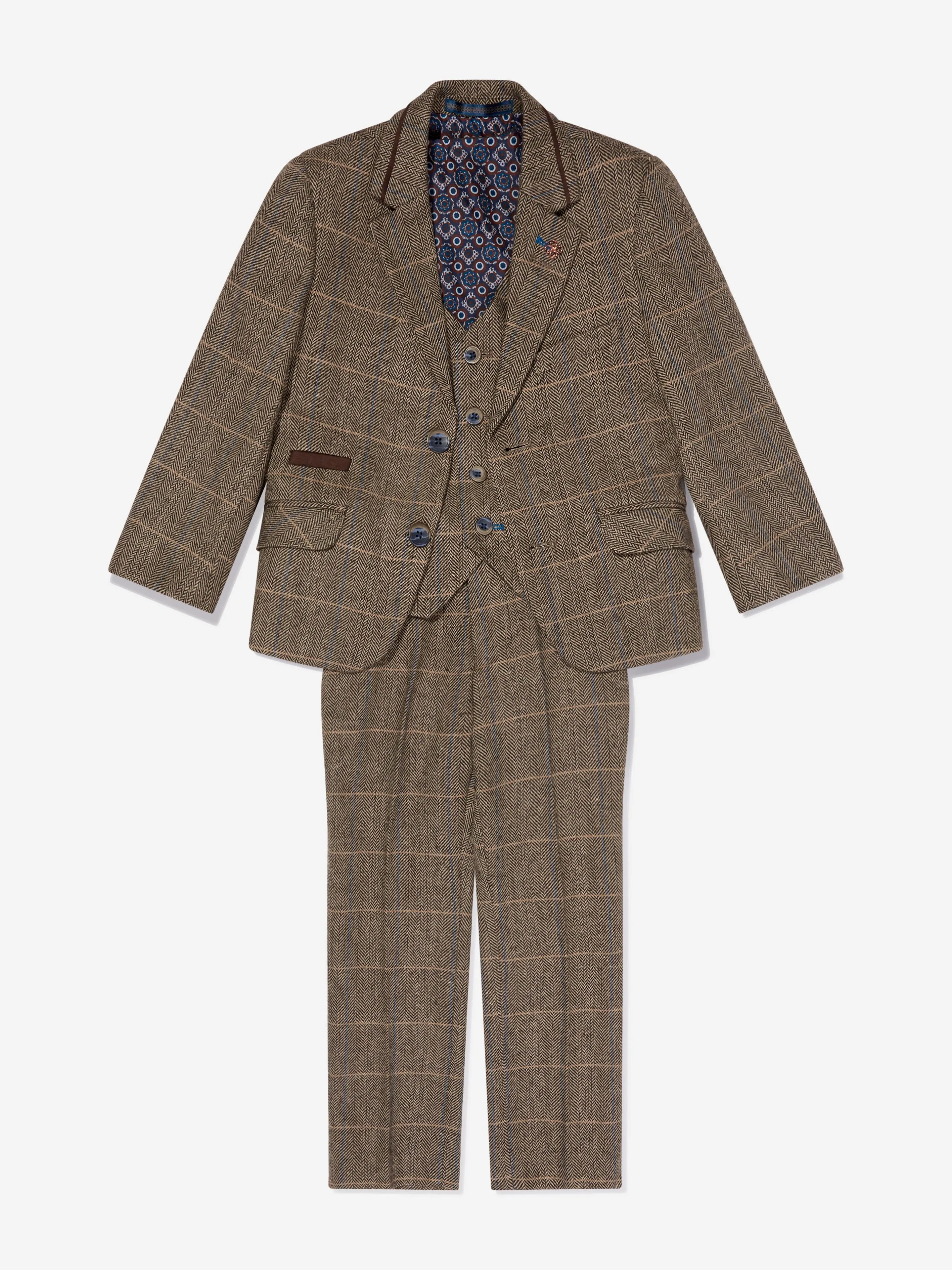 House Of Cavani Boys Albert Tweed Check Suit in Brown