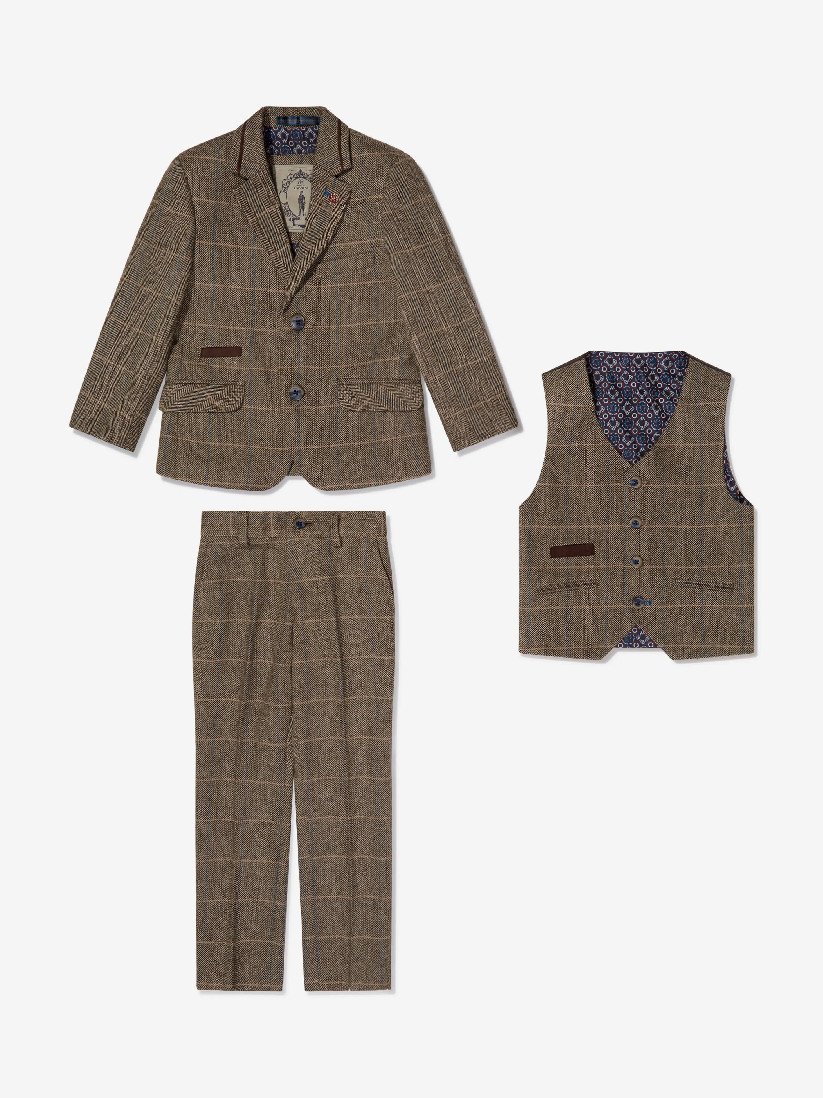 House Of Cavani Boys Albert Tweed Check Suit in Brown