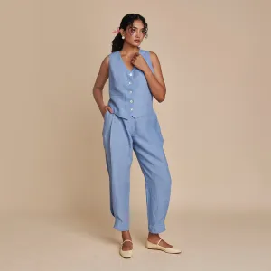 Linen Blue Pants for Women | Side Pleated