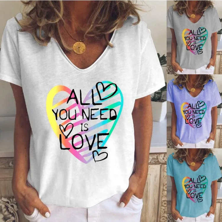 Love letter printing casual loose V-neck short-sleeved T-shirt