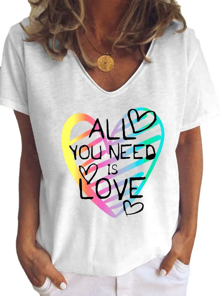 Love letter printing casual loose V-neck short-sleeved T-shirt