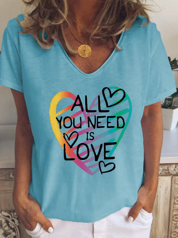 Love letter printing casual loose V-neck short-sleeved T-shirt