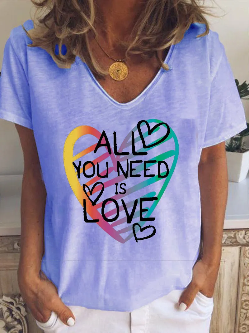 Love letter printing casual loose V-neck short-sleeved T-shirt