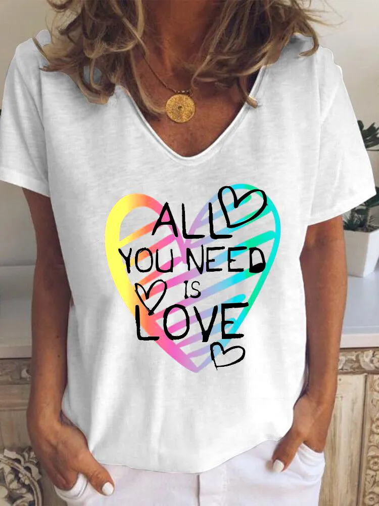 Love letter printing casual loose V-neck short-sleeved T-shirt