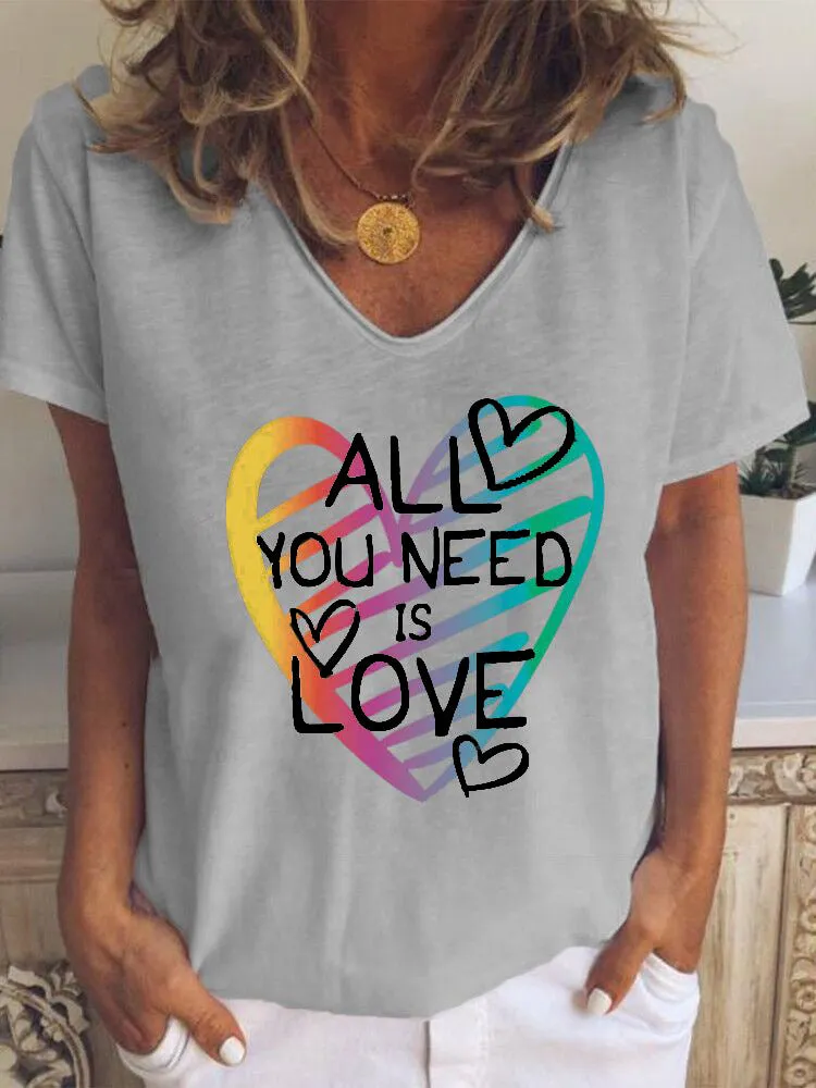 Love letter printing casual loose V-neck short-sleeved T-shirt