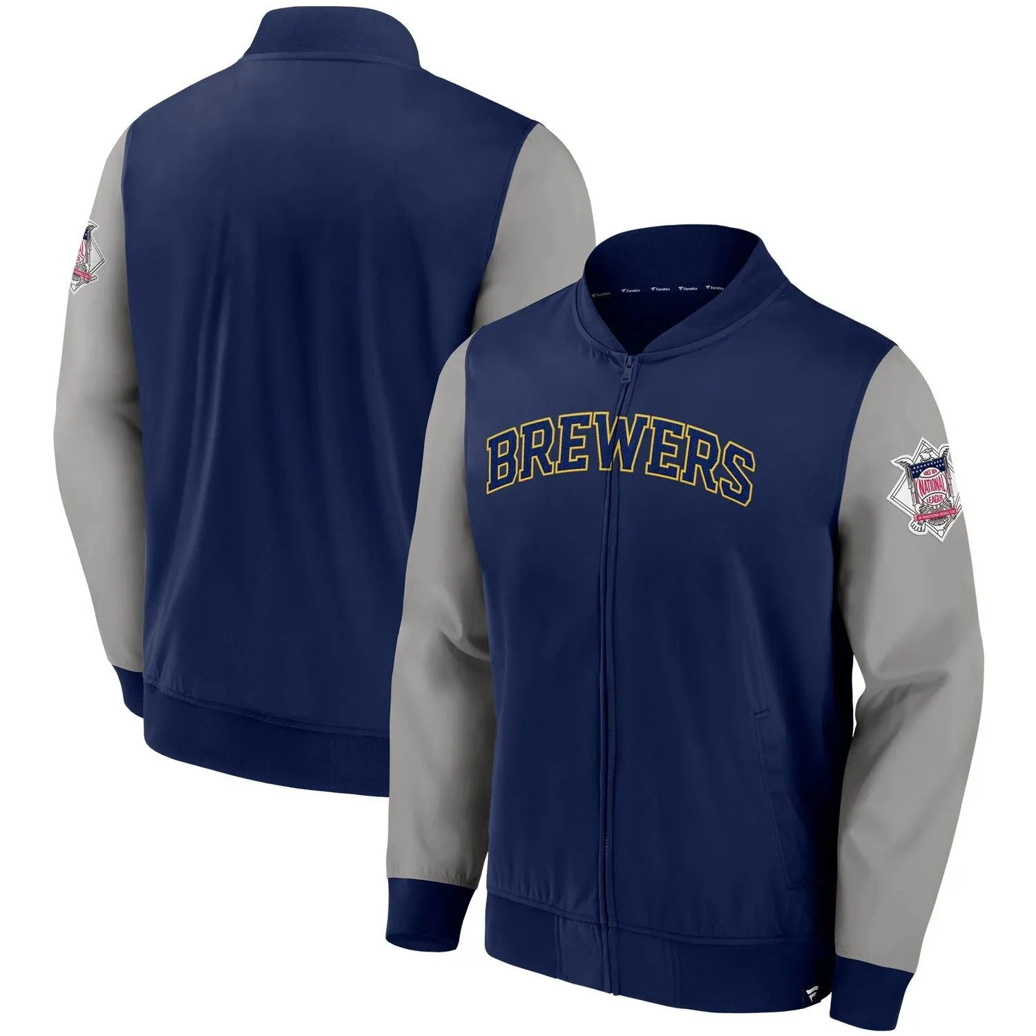 Milwaukee Brewers Iconic Record Holder Fanatics Men's Branded Navy/Grey Woven Full-Zip Bomber Jacket