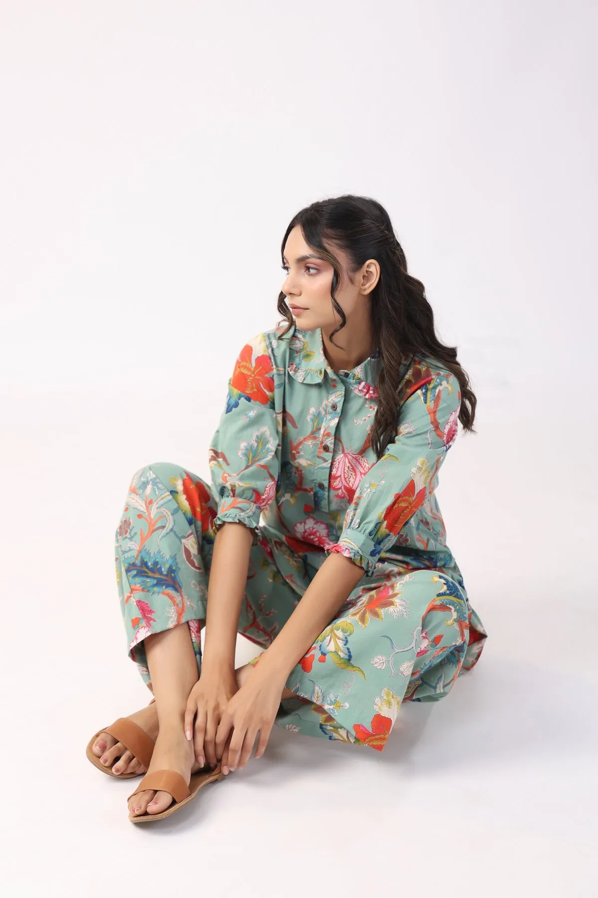 Modern Botanical Cotton Palazzo Loungewear Set