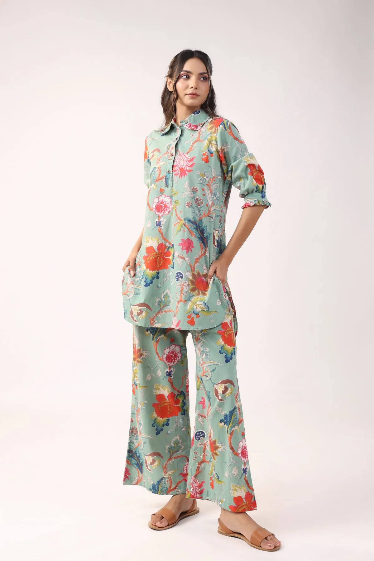 Modern Botanical Cotton Palazzo Loungewear Set