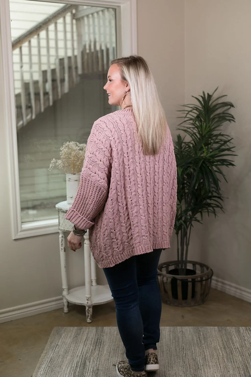 On My Level Chenille Cable Knit Pullover Sweater in Mauve Pink