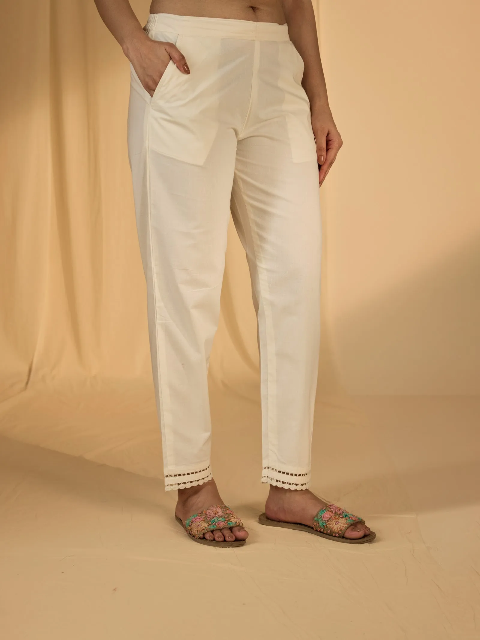 Raw Ecru Plain Cotton Straight Pant