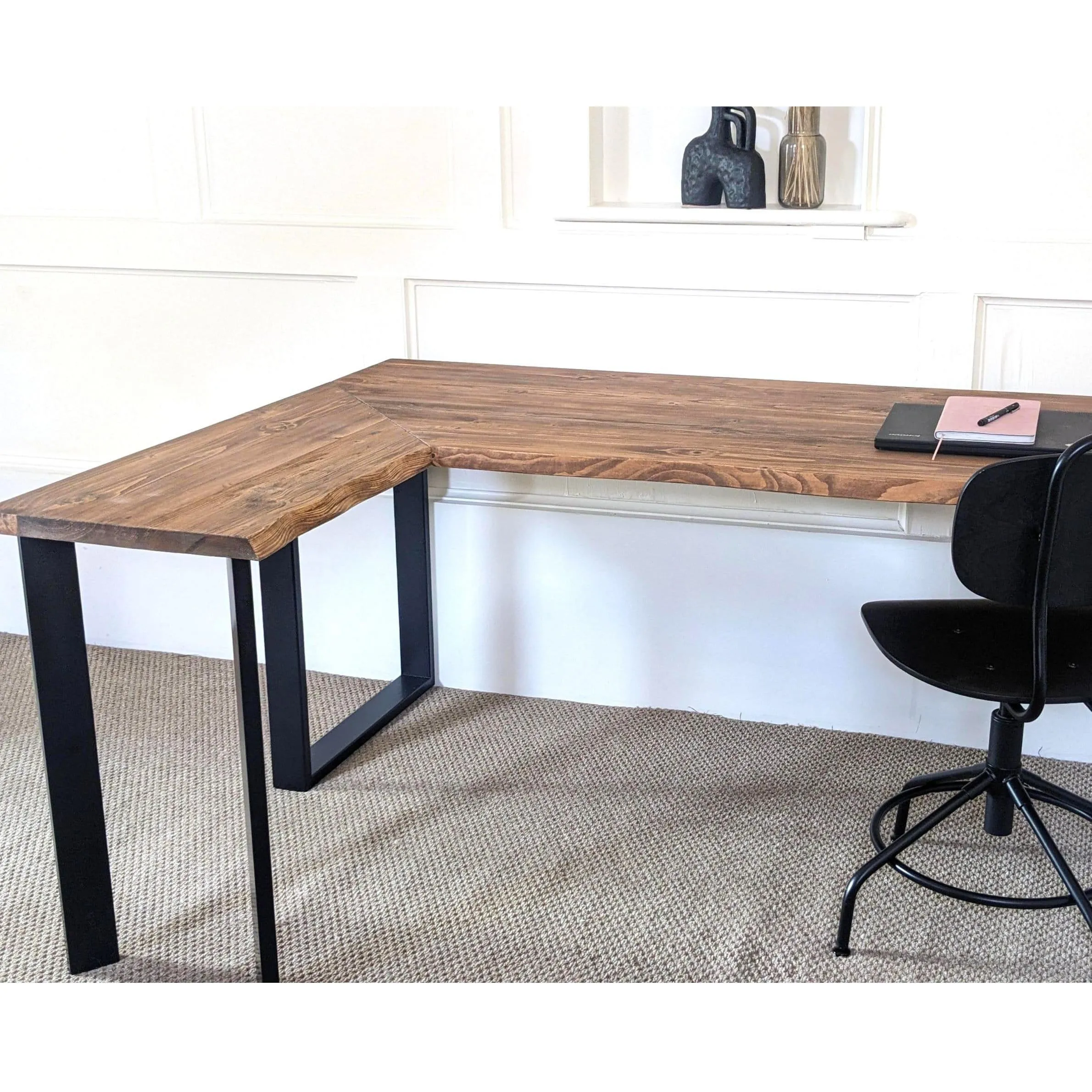 SAOIRSE: Reclaimed Corner Desk with Black Steel Legs   Uneven Edges, Customisable